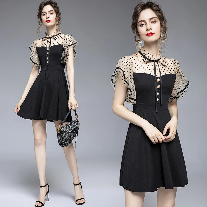 

2021 summer new fashion black a line mesh stitching high waist slimming stand collar batwing sleeve women casual short dresses