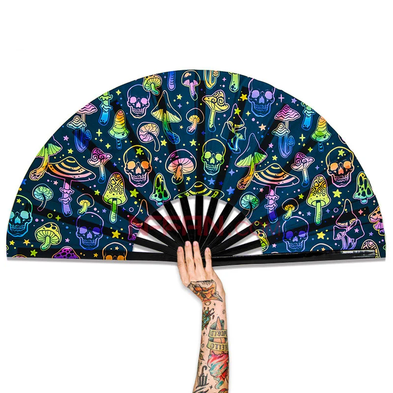 

Custom Printed Large Decorative Bamboo Crafts Folding Hand Fan Clack Hand Held Fans as Women Rave Festival Party Accessories