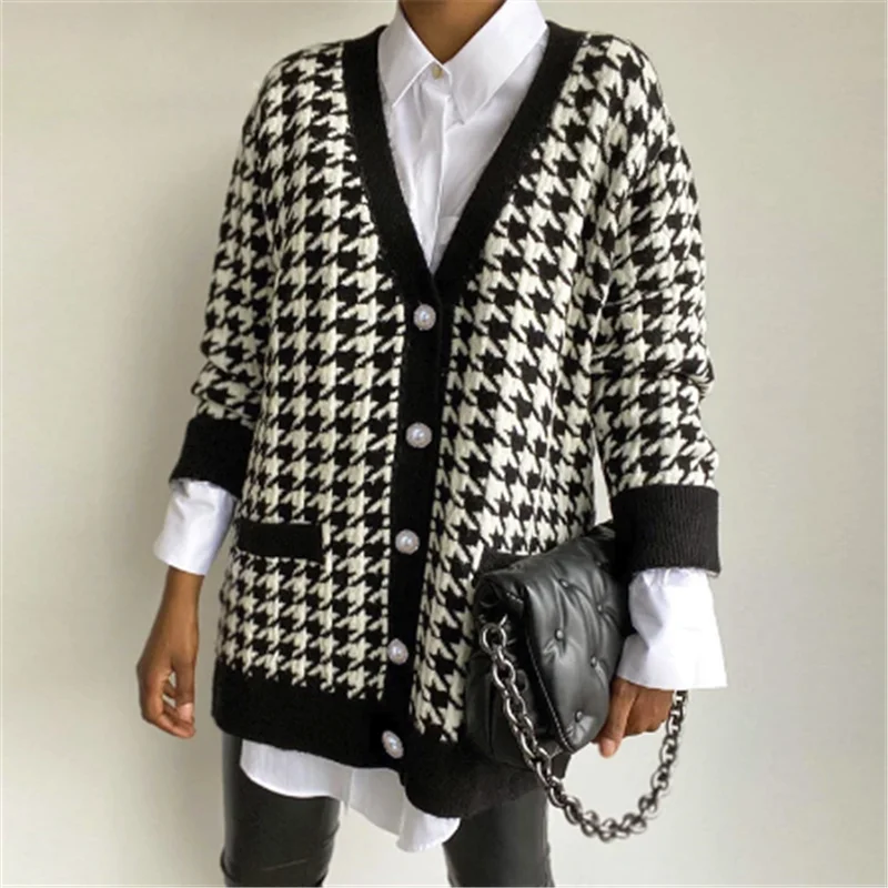 

V Neck Houndstooth Cardigan Long Sleeve Cardigans Sweater Knitted Loose Women's Sweaters Houndstooth Jacket Cardigan For Women, Customized color