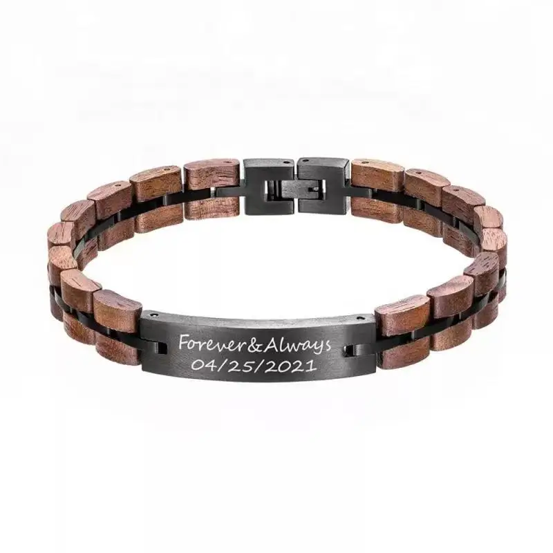 Customized Christmas Gift Personalized Fashion Jewelry Women and Men Handmade Stainless Steel Wooden Bracelet
