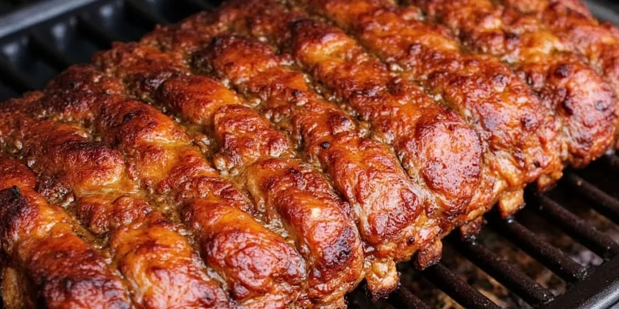 Close-up of slow oven baked ribs with a variety of spices sprinkled on top.