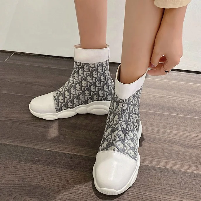 

Big Size 46 Knitting Upper Thick Sole Round Toe Women Ankle Boots Back Zipper Platform Short Booties For Ladies Customized, Black,white