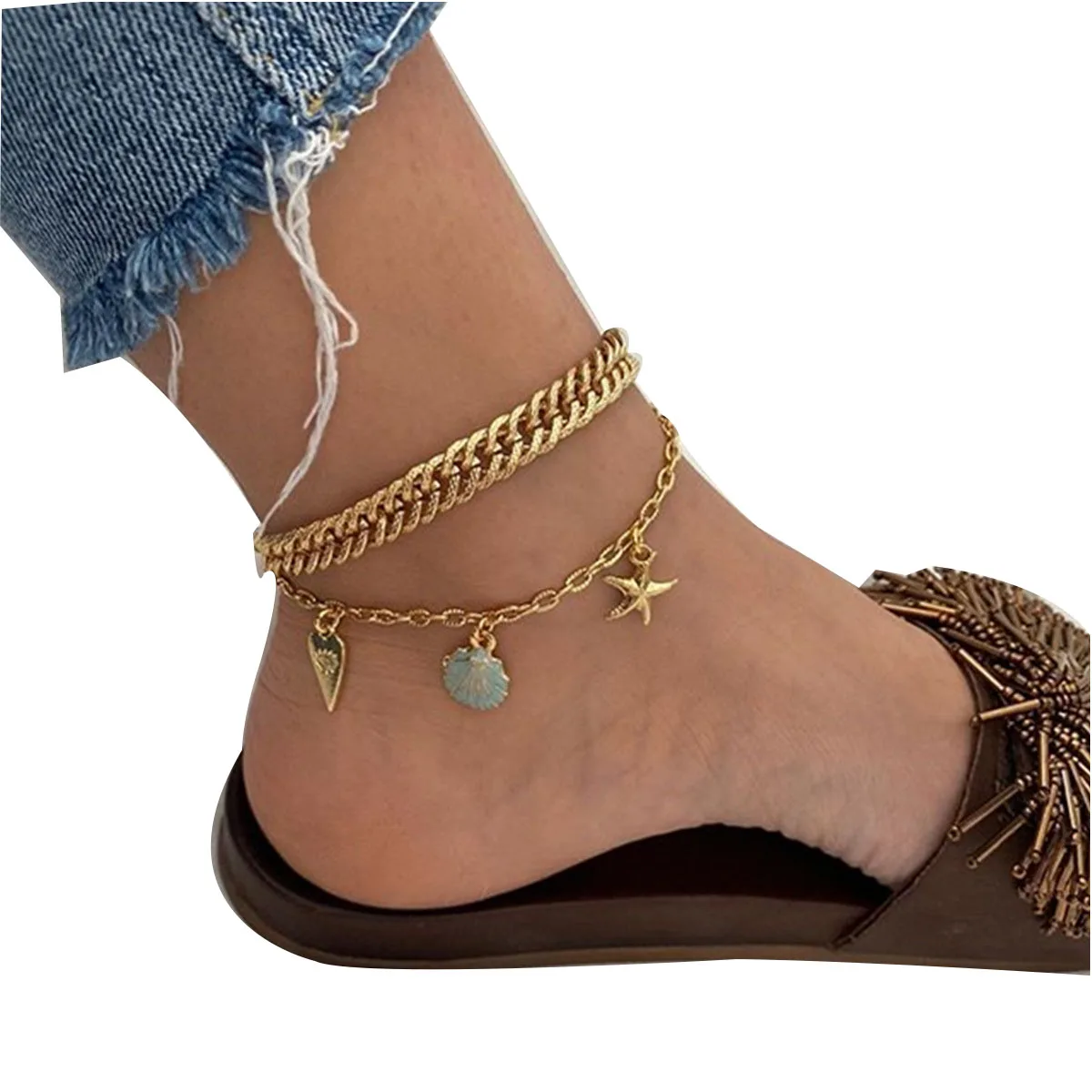 

European and American multilayer retro anklet fashion alloy starfish shell peach heart anklet