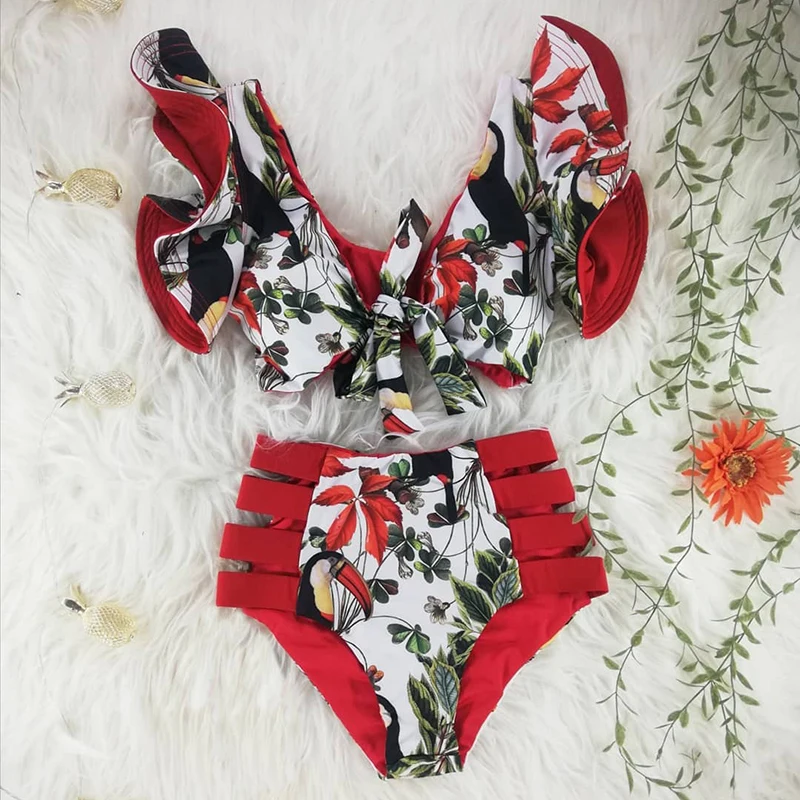 

2020 New Bikini Floral Ruffled Bikini Set Women V-neck High Waist Two Piece Swimsuit Girl Beach Bathing Suit Swimwear Biquinis