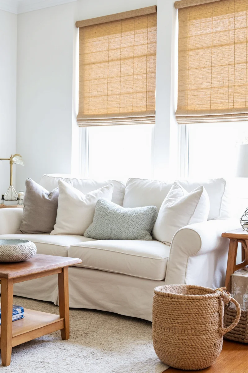 Family-friendly living room with bamboo shades