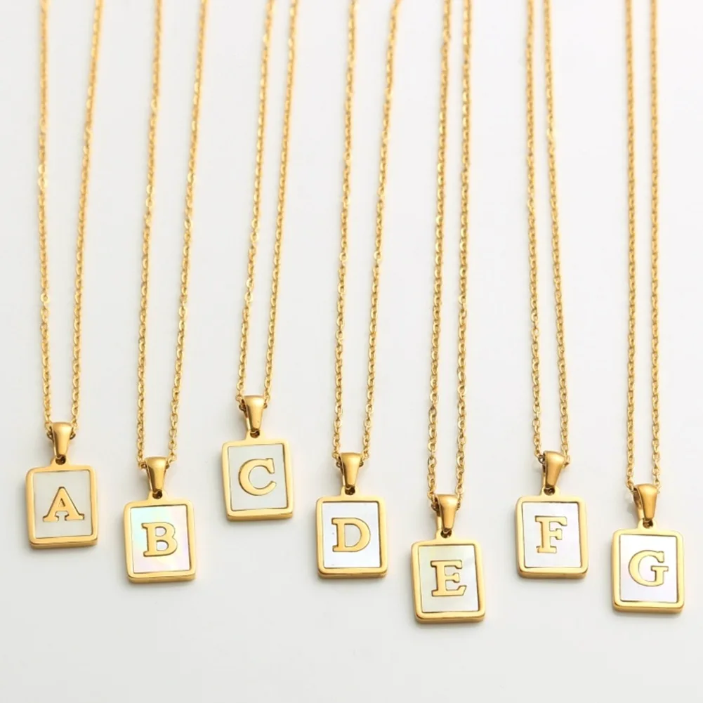 

18K Gold Stainless Steel Letter A-Z Initial Necklace For Women White Rectangle Shell Alphabet Pendant Necklace, Gold color