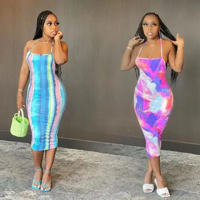 

B50991A Wholesale women fashion tie-dye printed sexy backless slip dress, Shown