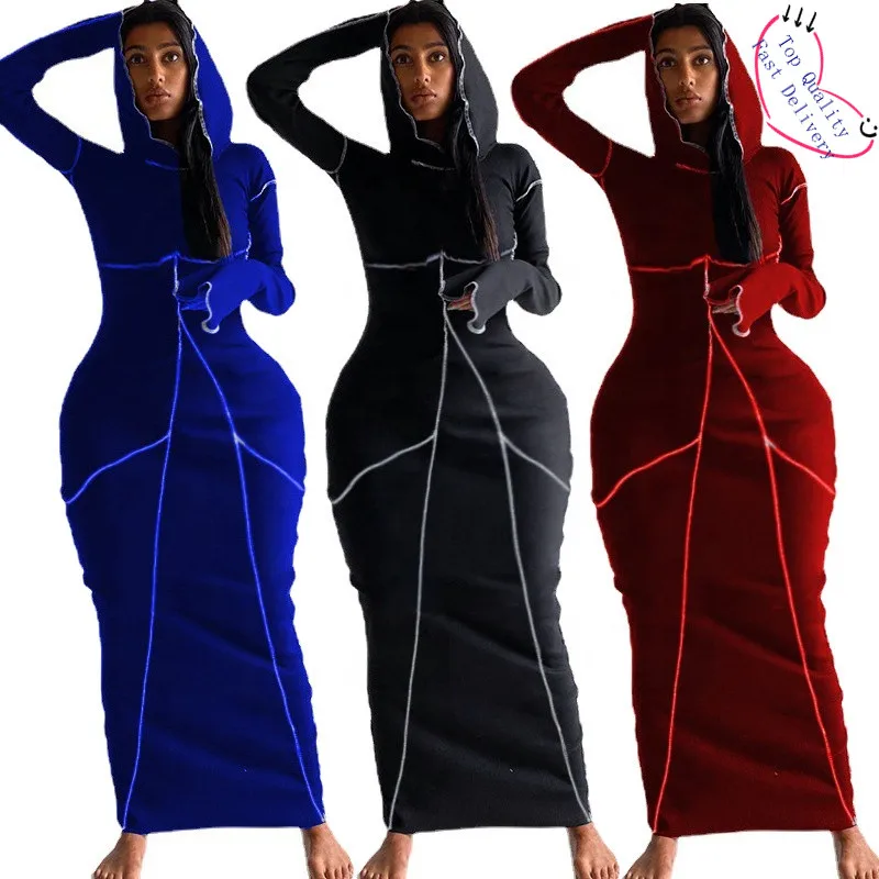 

New Design 2021 Spring Leaf Pattern Skirt Temperament Leisure Stitching Woman Hoodie Bodycon Muslim Dress