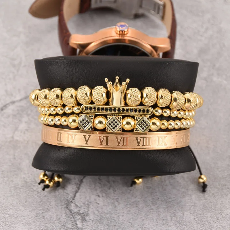 

European Hot Selling Braiding 4Pcs/Set Luxury Men's Punk 18K Gold Stainless Steel Roman Royal Crown Bracelet Set