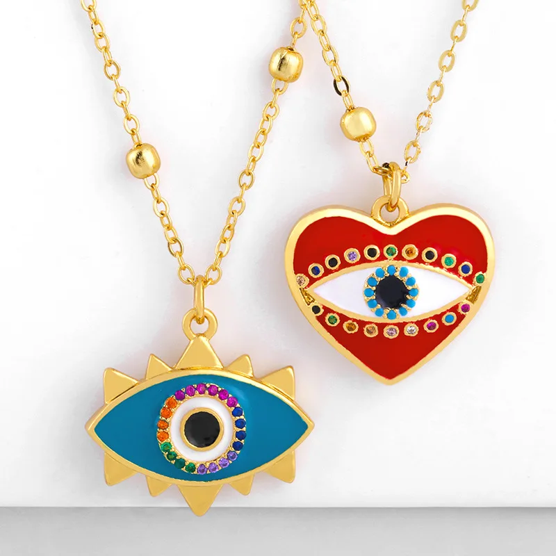 

European Bohemian Enamel Cute Eyes Pendent Necklace Red Turkish Rainbow CZ Zirconia Heart Evil Eyes Necklace