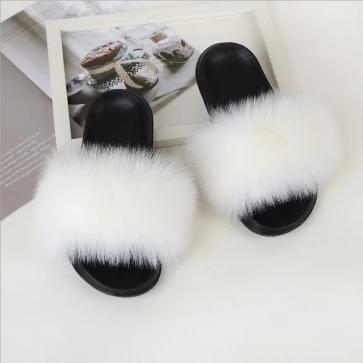 

Beautiful Spring Furry Soft faux Fur Slides For Women Fluffy Fox Slippers, Black