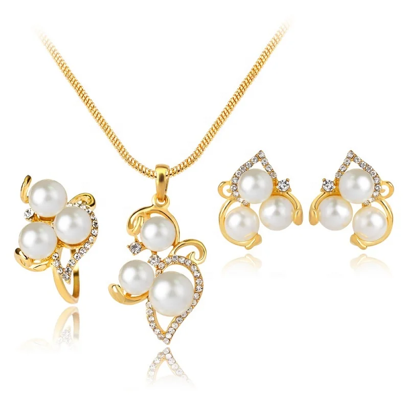 

Alloy 3 Piece Set Imitation Pearl Rhinestone Necklace Earrings Ring Fashion For Women, Gold
