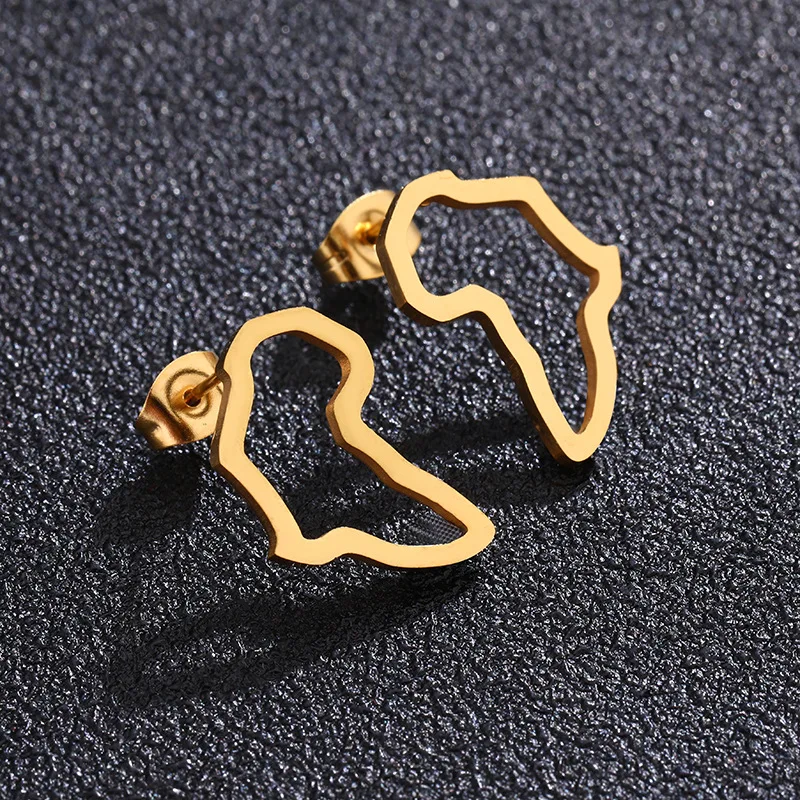 

HONGTONG Factory Outlet Amazon Hot Style Fashion Hollow Gold Stainless Steel Africa Map Stud Earrings For Women, Picture
