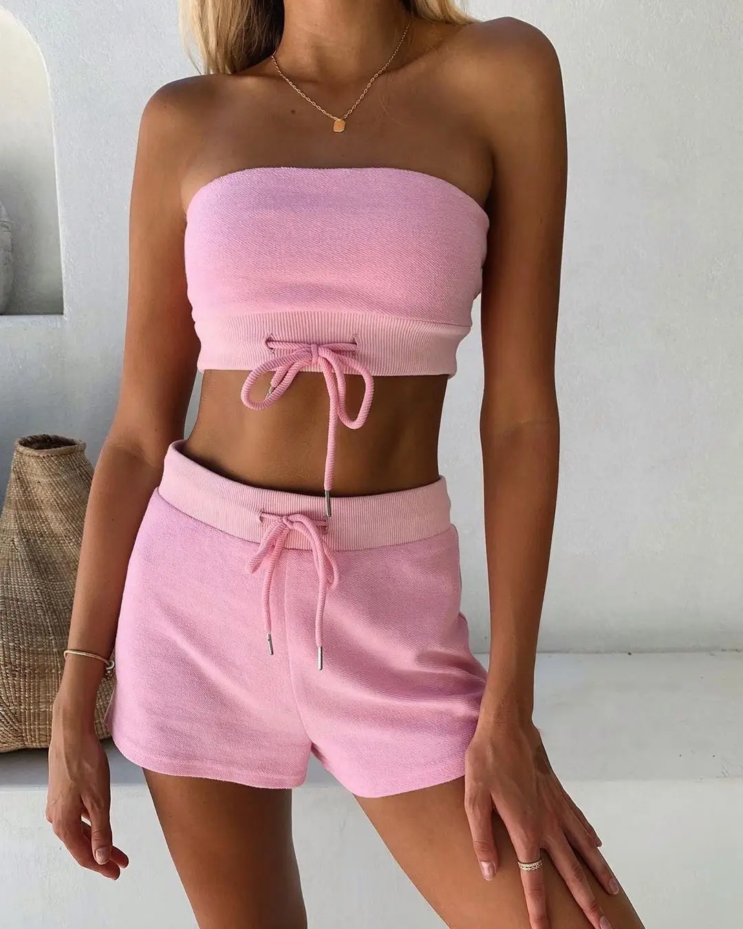 

X00104M 2020 summer hot sale casual fashion strapless girls 2 pieces sets, Black