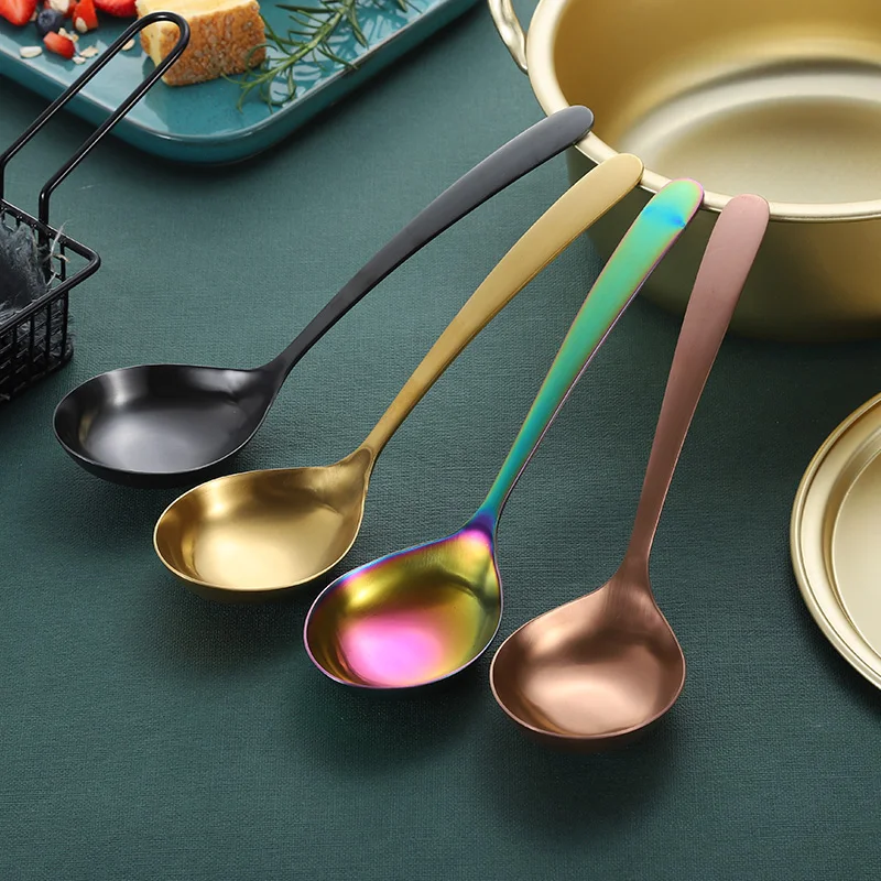 

Matte Titanium Plated Thicken Big Round Spoon Stainless Steel Deep Spoon for Serving Gravy Soup Silverware, Silver/gold/rose gold/rainbow/black/blue