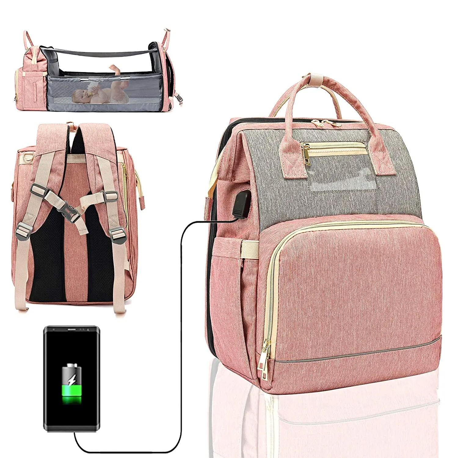 

TDC-A010 multifunctional baby diaper bag with changing crib station, Customized colors