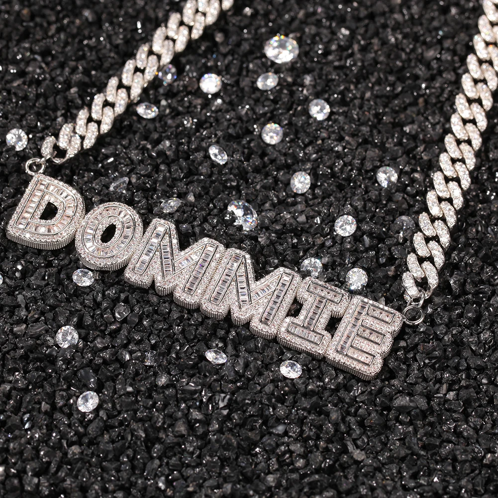 

Name Necklace Baguette Letters With 9mm Iecd Out Cuban Chain Full Iced Out Zircon Pendant Gift HipHop Jewelry