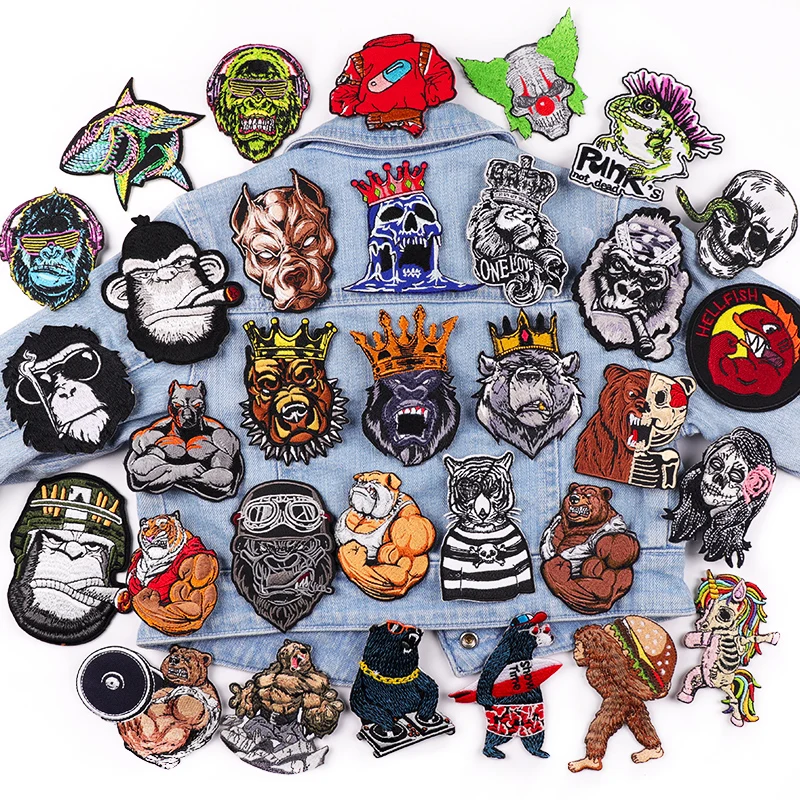 Wholesale Fiercely/Muscle Animal Embroidery Patch Punk Iron on Patches for Clothing Applique High Quality