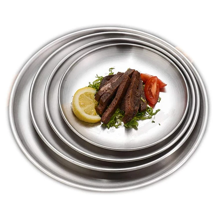 

European Style Brushed Stainless Steel Dining Plate Round Steak Cake Serving Tray Kitchen Dinner Dishes Plates, Silver / gold