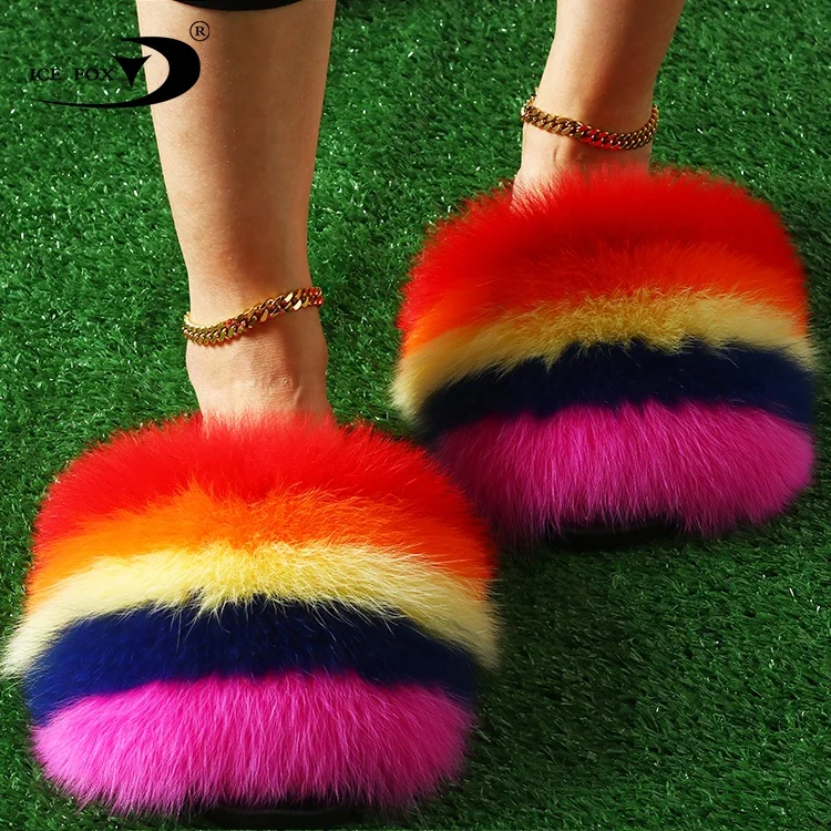 

Popular Selling Factory Direct Shipping Fast Drop Shipping Big Brand Real Fur Slippers Women Big Fox Fur Slides, Customized color