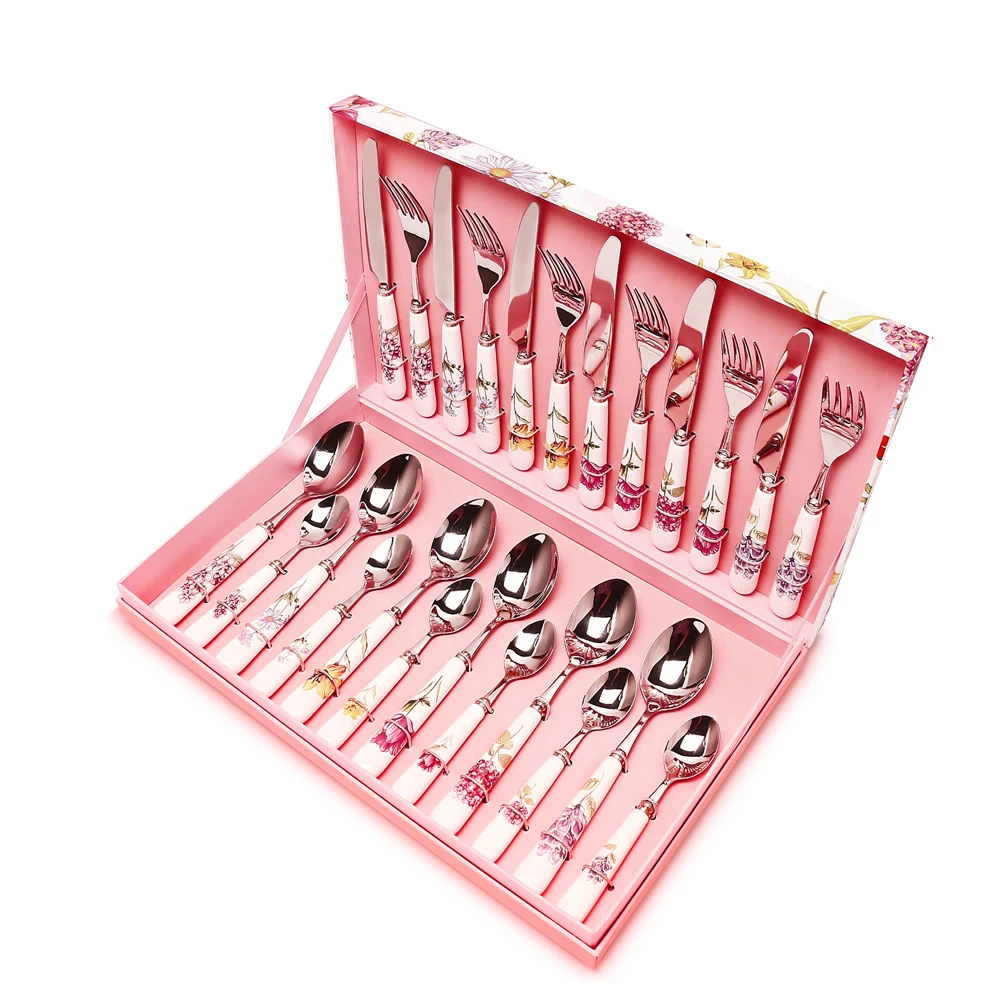 

24PCS Stainless Steel cutlery set Ceramic handle flatware set for gift, Silver