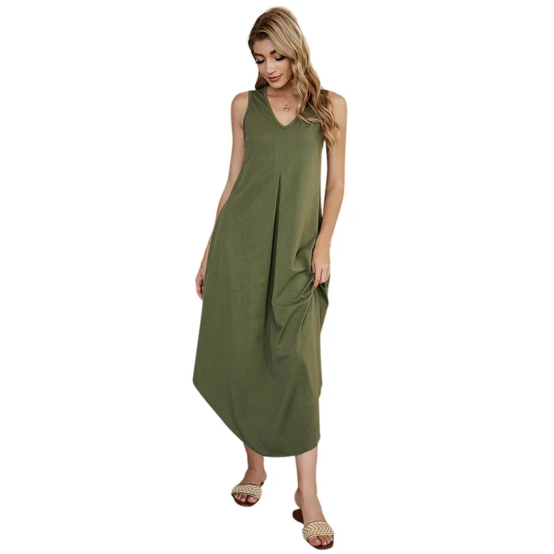 

2021 Summer Casual Dress Solid Color Loose Sleeveless Vest Dress, Green