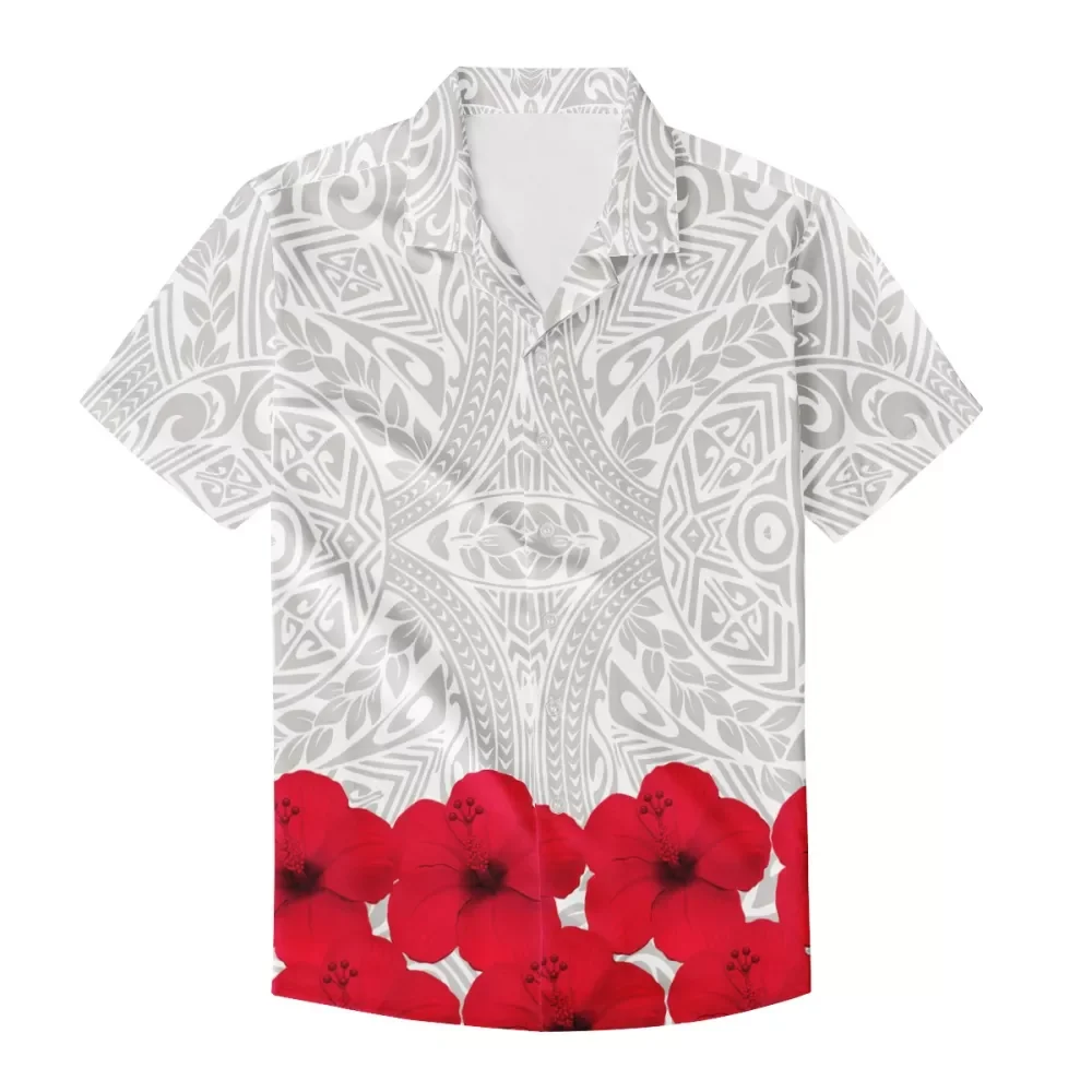 

Polynesian Tribal Luxury Design trendy Mens Shirt Samoan Style White Stripes Red Hibiscus Flower Factory Direct Sales Cheap, Customized color