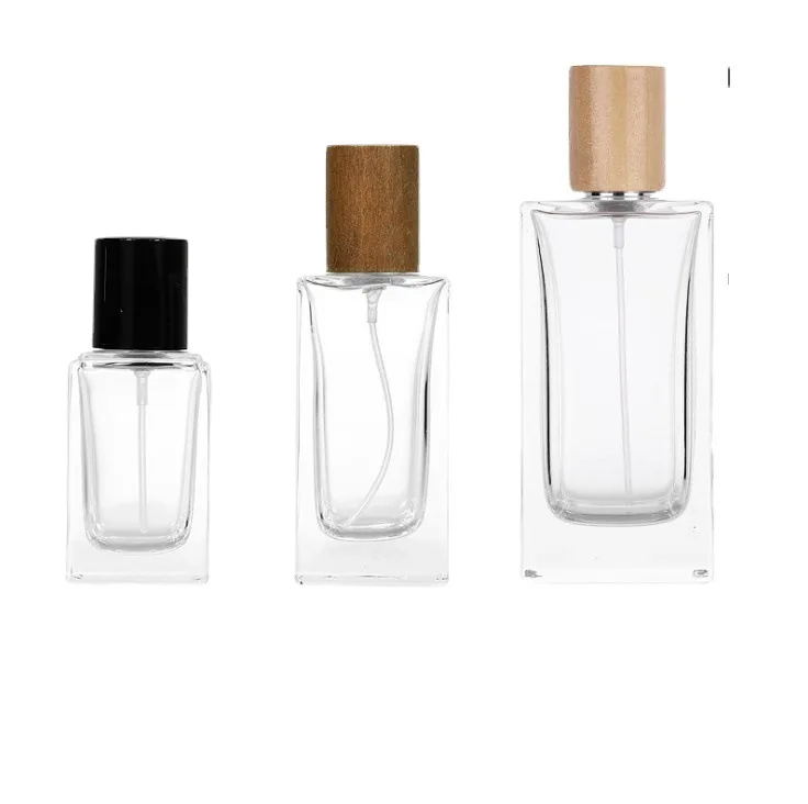 

New clear square 50ml perfume sample bottles empty glass air freshener bottle perfumes with wooden cap
