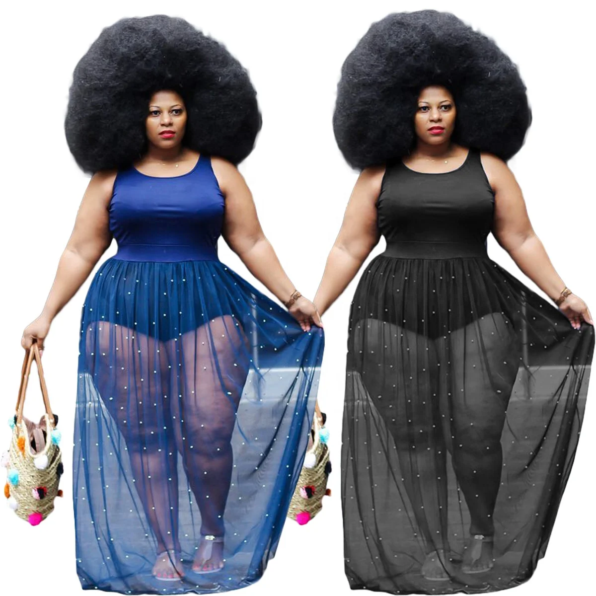 

Wholesale Pure Colors Fashionable Loose Obese Net Yarn Dresses Plus Size 5XL Sleeveless Dress
