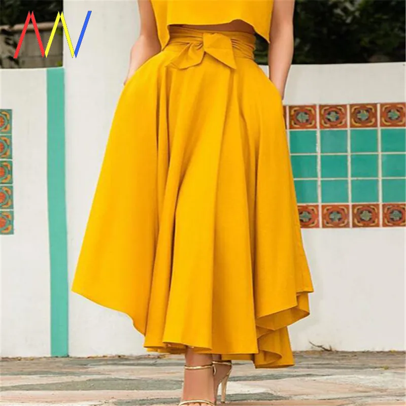 

New Fashion Women Girls Chiffon Solid Color Bow Belt Big Hem Hot Sell Dress Long Skirt, Shown