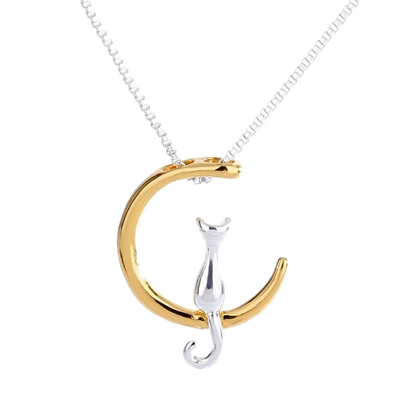 

Fashion Cheap Alloy Cute Cat Moon Pendant Choker Gold and silver Plating Women Necklace Jewelry Wholesale, Silver gold