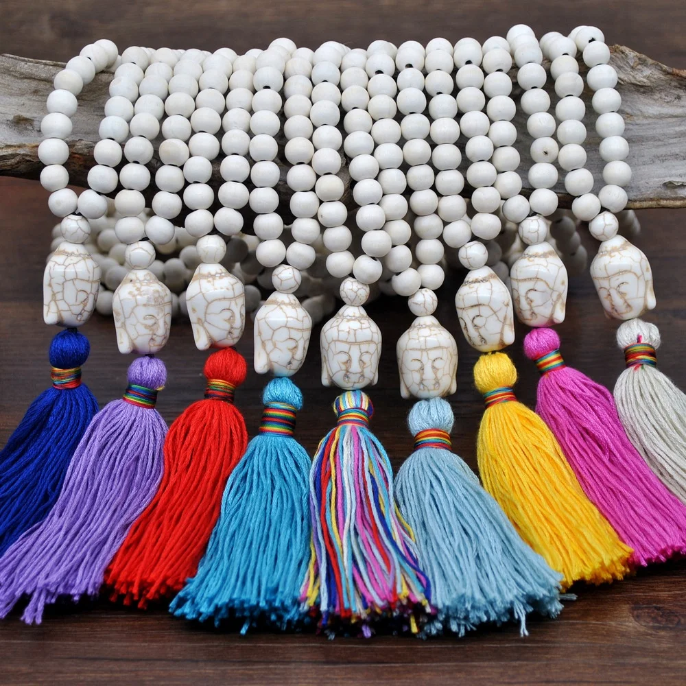 

CLARMER American Colorful Tassel Necklace Female Turquoise Buddha Head Natural White Wood Beads Handmade Beaded Pendent Necklace, As show