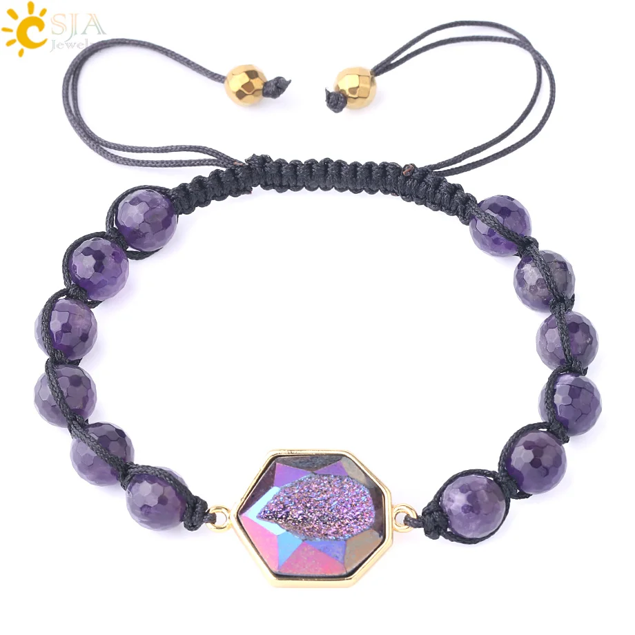 

CSJA fashion 8mm natural amethyst stone faceted bead druzy charm weave friendship bracelet unisex jewelry F817