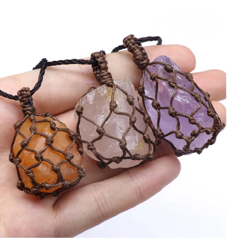 

Eco-Friendly Linen Cord Necklace interchangeable Gemstone Macrame Hemp Crystal Pendant Pouch Net Necklace