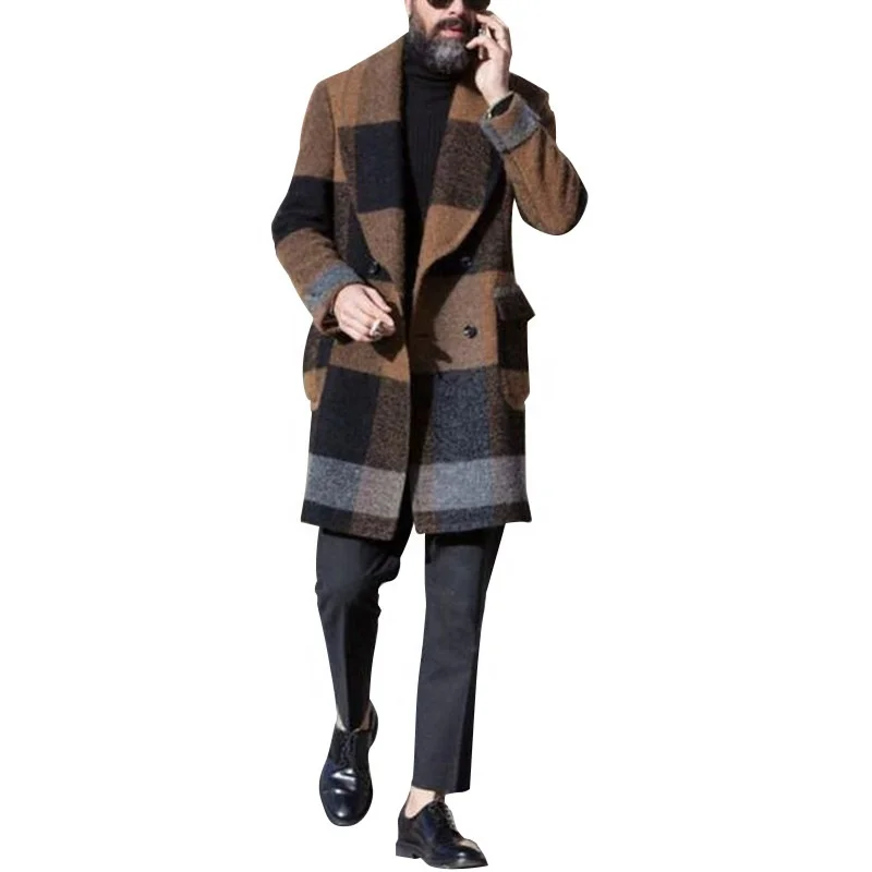 

2021 Hot Sale Men's long jacket Slim Lapel Single-breasted Woolen Jacket Fashion Large Size Plaid Coat