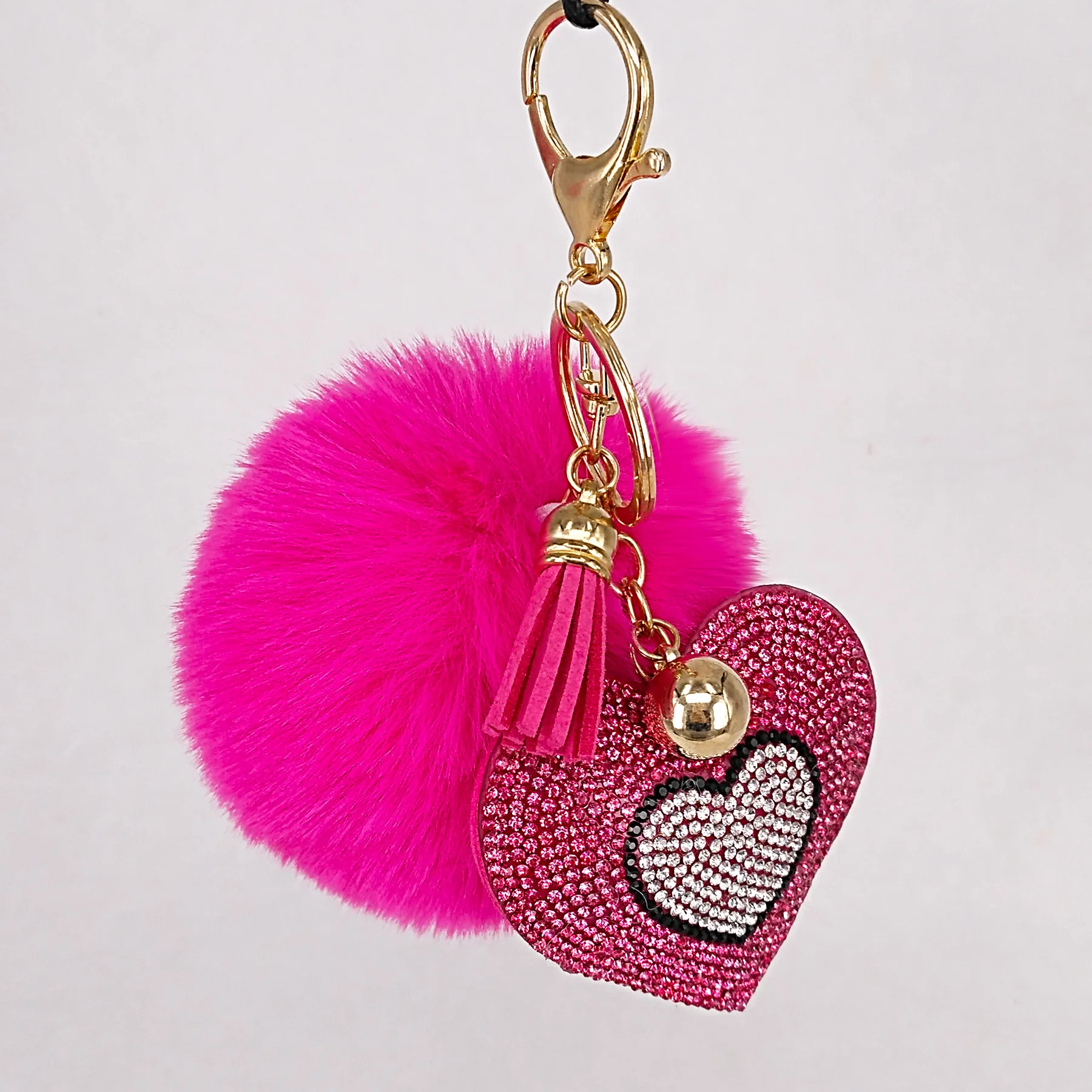 Fashion Crystal Love Heart Rhinestone Keychains Key Chain Cute Pom Pom Keychain For Women Bag