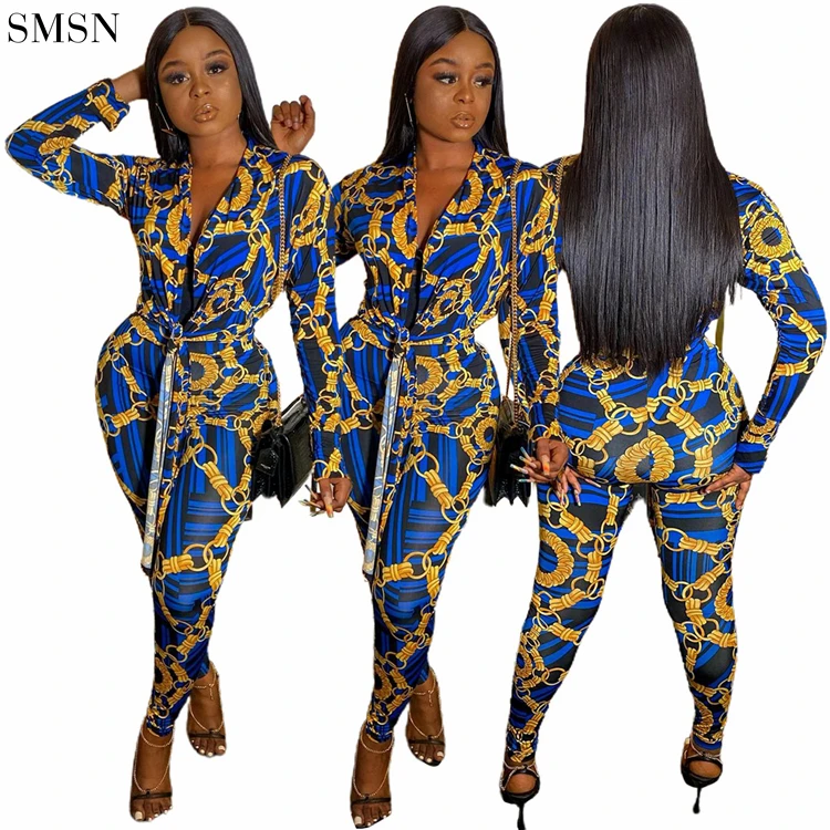 

New Arrival 2021 Fall Jumpsuits Fashion Slim Print Belt V-Neck Long Sleeve Jumpsuit