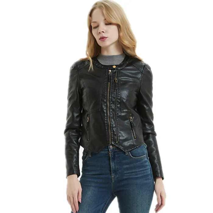 

Fashion O-neck pink pu leather motorcycle jacket for female