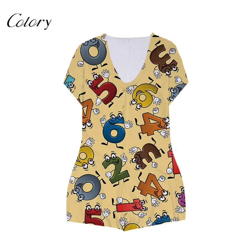 

Colory Sleeve Cartoon Printed 2 Piece Short Set Women Custom Onesie, Picture shows