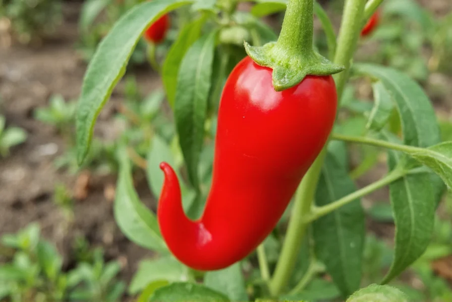 Close-up photograph of mature red Peter Pepper showing distinctive curved shape against garden background