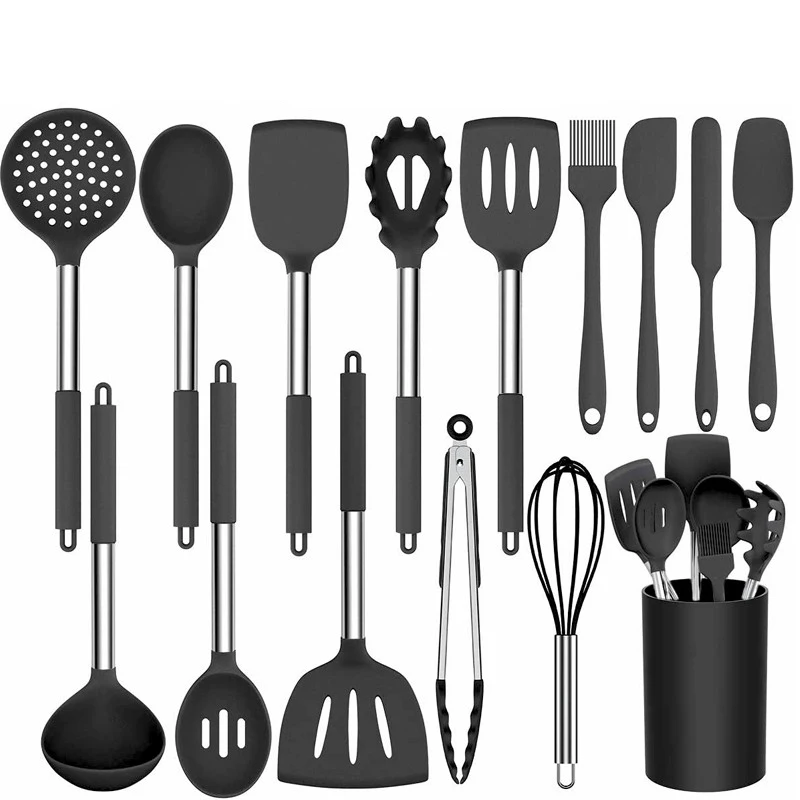 

RAYBIN cheap 12 pcs dark grey Stainless steel handle laddle kitchen tools silicon cooking utensils set, Green