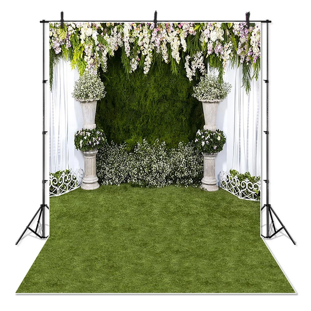 

Flowers Curtain Green Grass Backdrop for Photography Wedding Bridal Shower Photo Studio Background, Customized