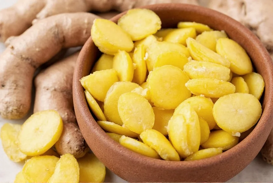 Fresh ginger rhizomes showing knobby texture and tan skin