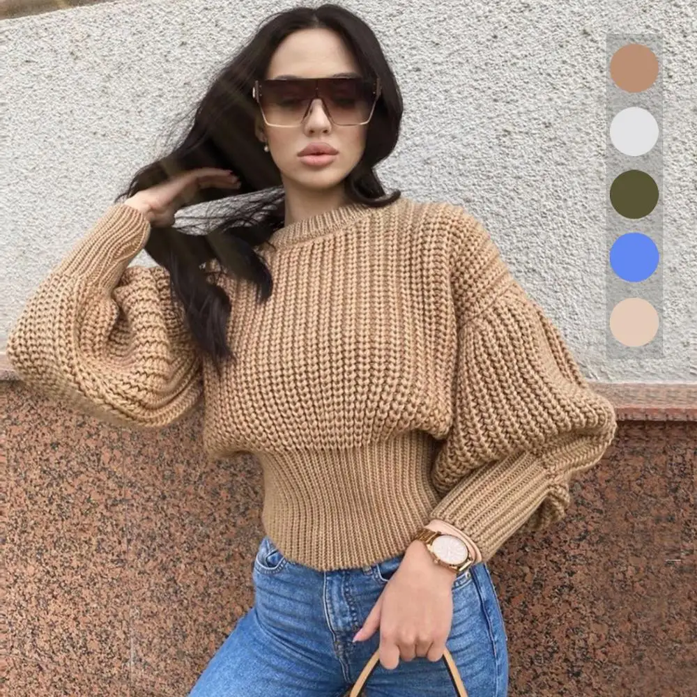 

High quality winter clothes ladies puff sleeve loose pullover knit warm women sweater