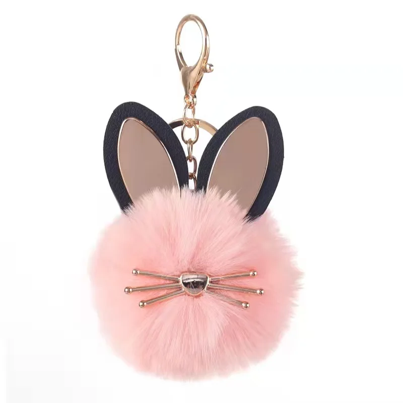 

Fashion Pom Pom Keychain Pink Color Cat Rabbit Fur ball Keychain