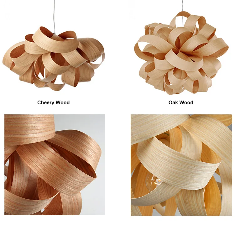 Handmade natural oak cherry  curvy wooden veneer rattan bamboo weaving chandelier pendant light