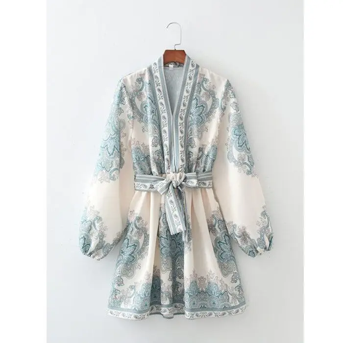 

Q6192 European 2021 Vintage Paisley Floral Print Long Sleeve Slim Waist Dress Women Casual Dresses Clothing Wholesale 6