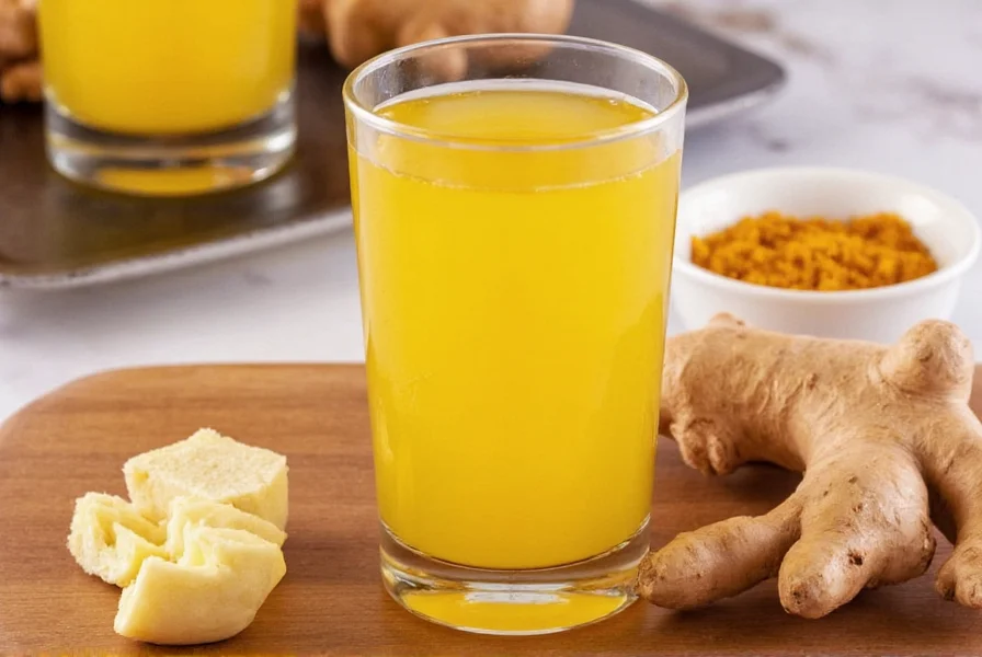 Fresh turmeric and ginger roots with prepared shots in small glasses
