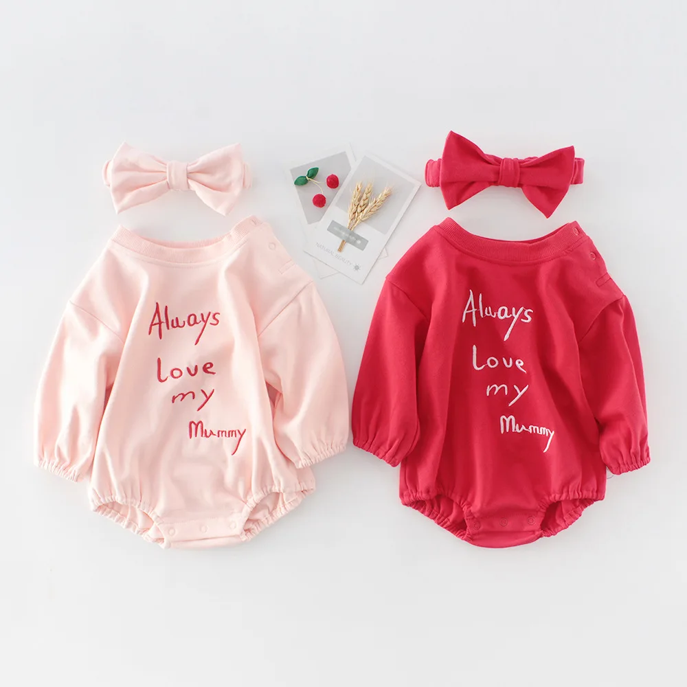 

Spring 2020 new female baby letter embroidered long-sleeved ha clothing baby cotton belt jumpsuit climb clothes with hari band