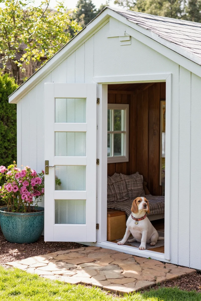 Rustic-style pet shed interior with exposed beams, woven baskets, and soft cushions